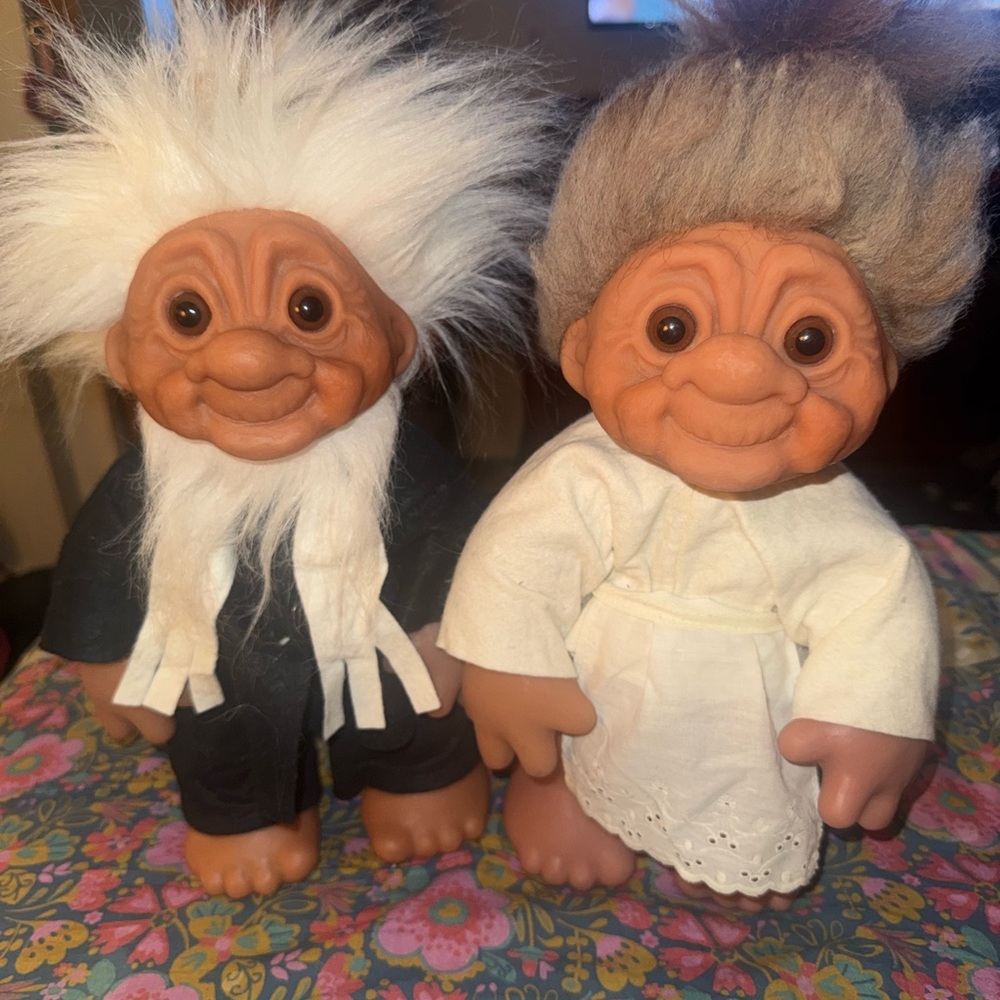 Thomas Dam Grandma and Grandpa Troll Pair Vintage 1970’s made in Denmark 14”